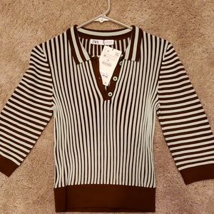 Zara Striped Knit Top, Brown & Green Size M, NWT